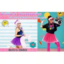 Rosa Vermelho 21 peças Fantasia dos Anos 80 para Mulheres, Conjunto de Acessórios de Fantasia dos Anos 80, Camiseta com Estampa de Lábios, Saia Tutu Adulta, Tiara de Renda, Ideal para Qualquer Época do Ano, Dia dos Namorados, Baile de Formatura, Halloween