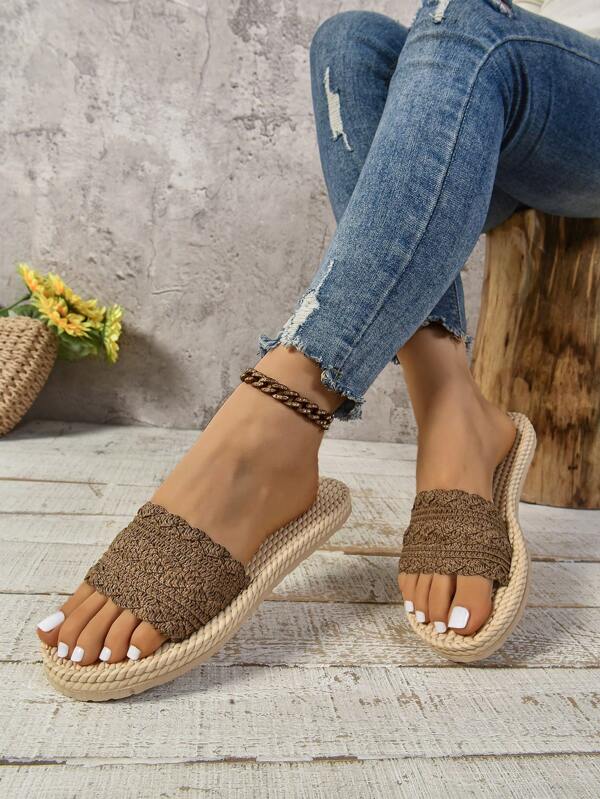 Women's Vintage Handwoven Brown Sandals, Open Toe Anti-Slip Beach Casual Flat Sandals, Suitable For Summer And Beach Holiday