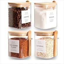 4-Piece Square Glass Jar With Bamboo Lid And Spoon - Sealed 27 Ounce Borosilicate Glass Food Storage Container For Coffee, Tea, Sugar