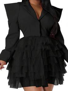 Vestido A-Line de malla con parches y chaqueta tipo blazer para mujer, atuendo modesto para la oficina, primavera/verano - Negro - Ver 3