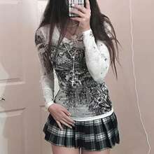 Grunge Clothes For Women Y2K Tops Long Sleeve Round Neck Fairy Grunge Aesthetic Shirts Vintage Heart Wings Print Tops Teen Girls Graphic Slim Fit Tees - 白色 - 查看 2