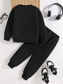 幼儿卡通印花圆领运动衫和运动裤套装 - 黑色 - 查看 2