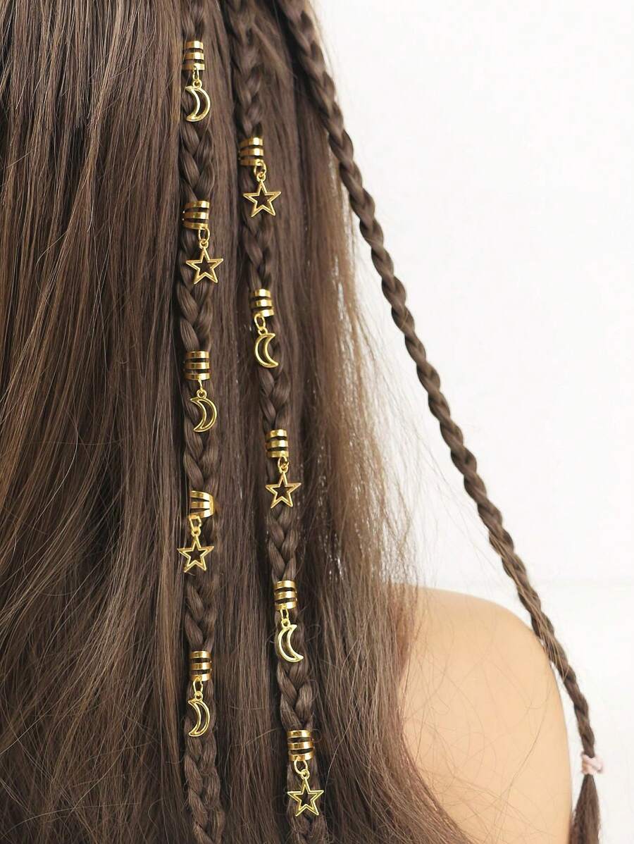 10pcs Mixed Star & Moon Hair Ties For Women, Hair Accessories For Braids, Decorative Hair Clips For Festivals Claw Clips Hair Slide Hair Barrettes - Gold - View 1