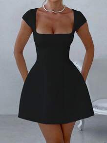 Abito corto a-line senza maniche con scollo quadrato, per donna taglie forti, autunno