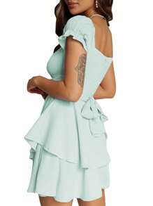 Women's Mini A-Line Dress Solid Color Ruffled Sleeves Square Neck Layered Hem Dress - Màu xanh chanh - Xem 5