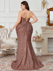 UNITHORSE Plus Size Strapless Sleeveless Fish Bone Design Floor Length Mermaid Sequin Sparkly Evening Dress, Party Dress, Wedding Guest Dress, Formal Dress - Coffee Brown - View 2