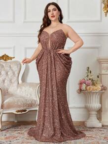 UNITHORSE Plus Size Strapless Sleeveless Fish Bone Design Floor Length Mermaid Sequin Sparkly Evening Dress, Party Dress, Wedding Guest Dress, Formal Dress - Coffee Brown - View 3