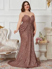 UNITHORSE Plus Size Strapless Sleeveless Fish Bone Design Floor Length Mermaid Sequin Sparkly Evening Dress, Party Dress, Wedding Guest Dress, Formal Dress - Coffee Brown - View 6