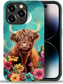 Compatible With IPhone 14-16 Pro Max Case, Natural Cattle And Flowers Pattern Print Phone Case Funny Liquid Silicone Case Impact Resistant Anti-Scratch Shockproof Protective Cover Gifts For Family, Friends, Kids, Birthday,Spring, Holiday, Boyfriends, Girlfriends, Valentine's Day