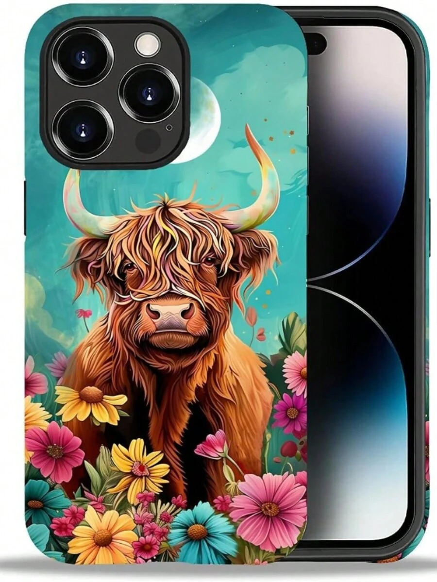 Compatible With IPhone 14-16 Pro Max Case, Natural Cattle And Flowers Pattern Print Phone Case Funny Liquid Silicone Case Impact Resistant Anti-Scratch Shockproof Protective Cover Gifts For Family, Friends, Kids, Birthday,Spring, Holiday, Boyfriends, Girlfriends, Valentine's Day