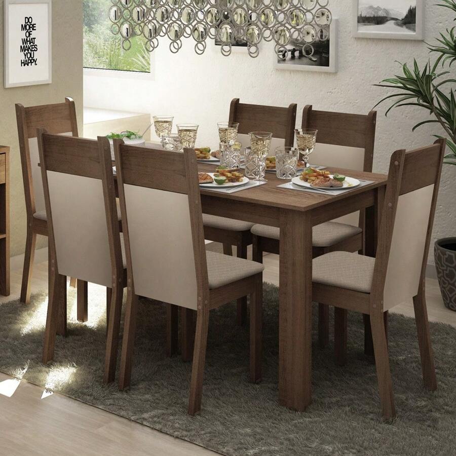 Mesa De Comedor Con 6 Sillas Madesa Jaíne Color Marron/Crema/Beige Diseño De La Tela De Las Sillas Liso
