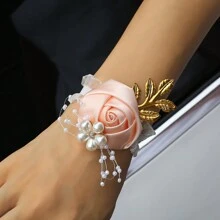 1pc Bride/Bridesmaid Burgundy Faux Rose Bead & Golden Leaf Wrist Corsage, Wedding/Party/Valentine's Day Decoration