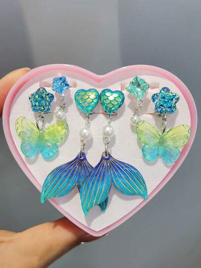 6pcs Mermaid Princess Clip-On Earrings Set Suitable For No Pierced Ears - Faux Stone Tassel Pendant, Acrylic & Plastic Decor, Heart-Shaped Gift Box