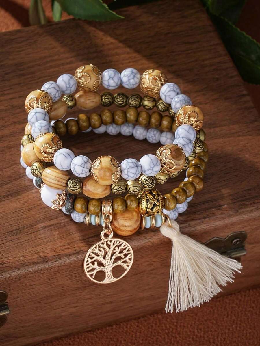 4pcs/Set Bohemian Style Tassel Life Tree Pendant Multilayer Wooden Bead Chain Bracelet