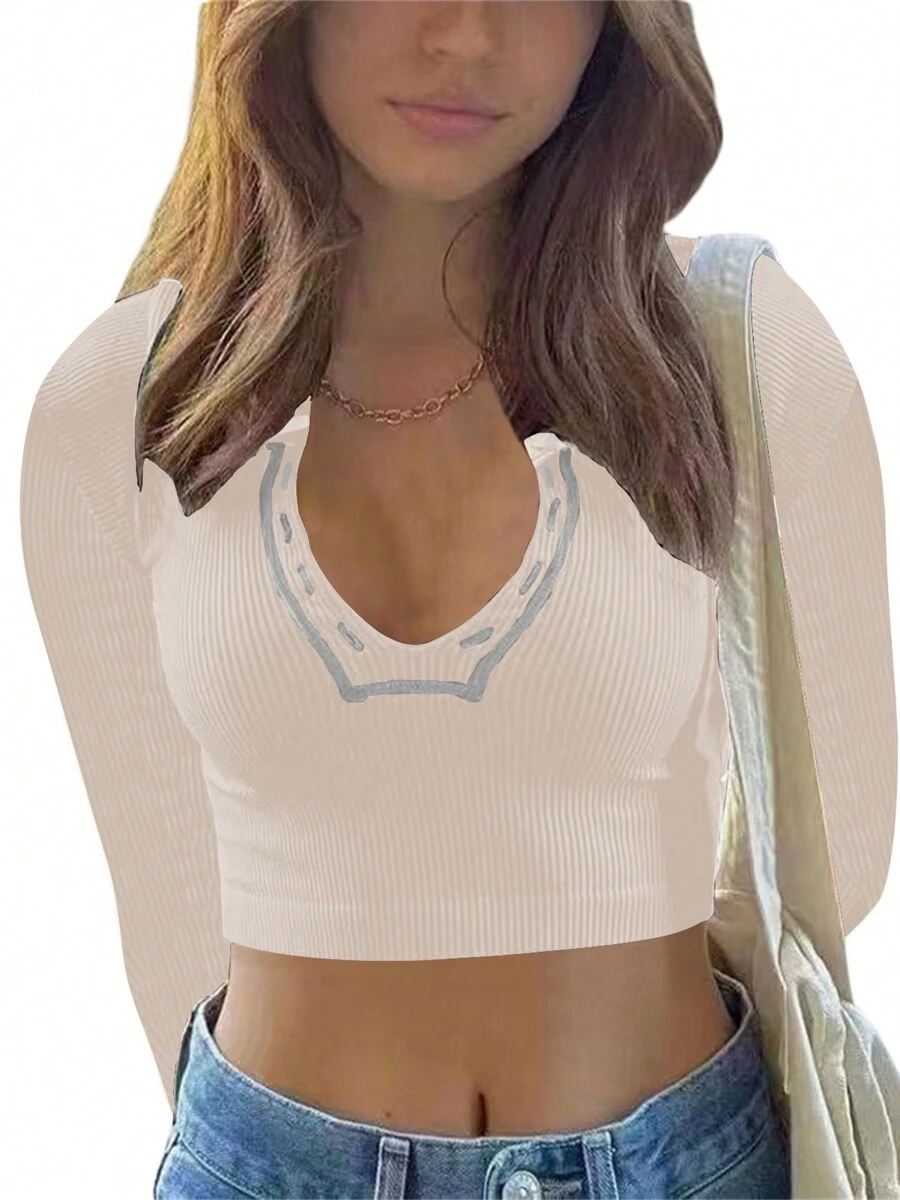 Women Short Top Shirt, Long Sleeve Patchwork Ribbed Front Button V-Neck Cropped Tops, Slim Navel Shirt - 杏色 - 查看 1