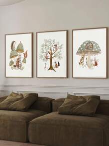 3PCS/SET Woodland Animals And Nursery Wall Art Set - Sage Green, Featuring Animals, Trees And Mushrooms - Great For Youngsters' Rooms, Playrooms And Bathrooms, Unframed Canvas Print For Back To School!