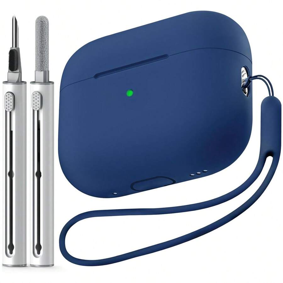 1件組適用於AirPods Pro 2純色矽膠加厚防摔一體式耳機保護殼,軟殼附防丟掛繩與清潔筆 - 藏蓝色 - 查看 1