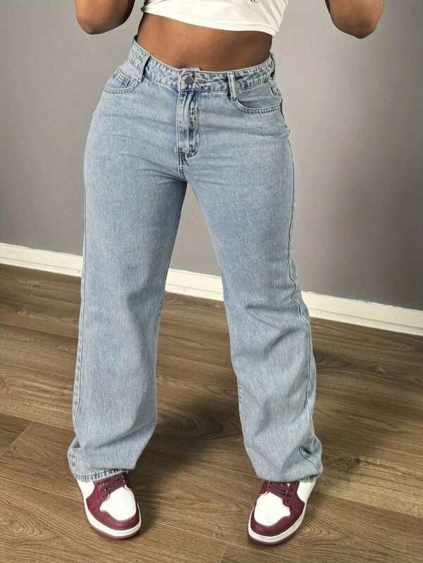 Solid Color Wash Blue High-Waisted Jeans, Loose Diagonal Pocket Zipper Button Open And Close Jeans, Women's Jeans And Clothing