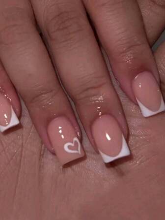 24pcs Medium Square Heart-Shaped Nail Stickers, White French Nail Stickers, Short Length Perfect Fit, Acrylic Fake Nails Set, Includes: 1pc Jelly Gel And 1pc Nail File, Heart-Shaped Nail Decals Suitable For Women And Girls For Daily Wear, Also Suitable For Valentine's Day Parties And Other Occasions.