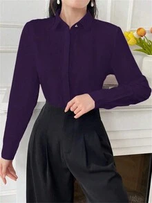 Women's Plain Color Business Commuting Shirt, Suitable For Office, Interview, Spring/Summer - Purple - View 5