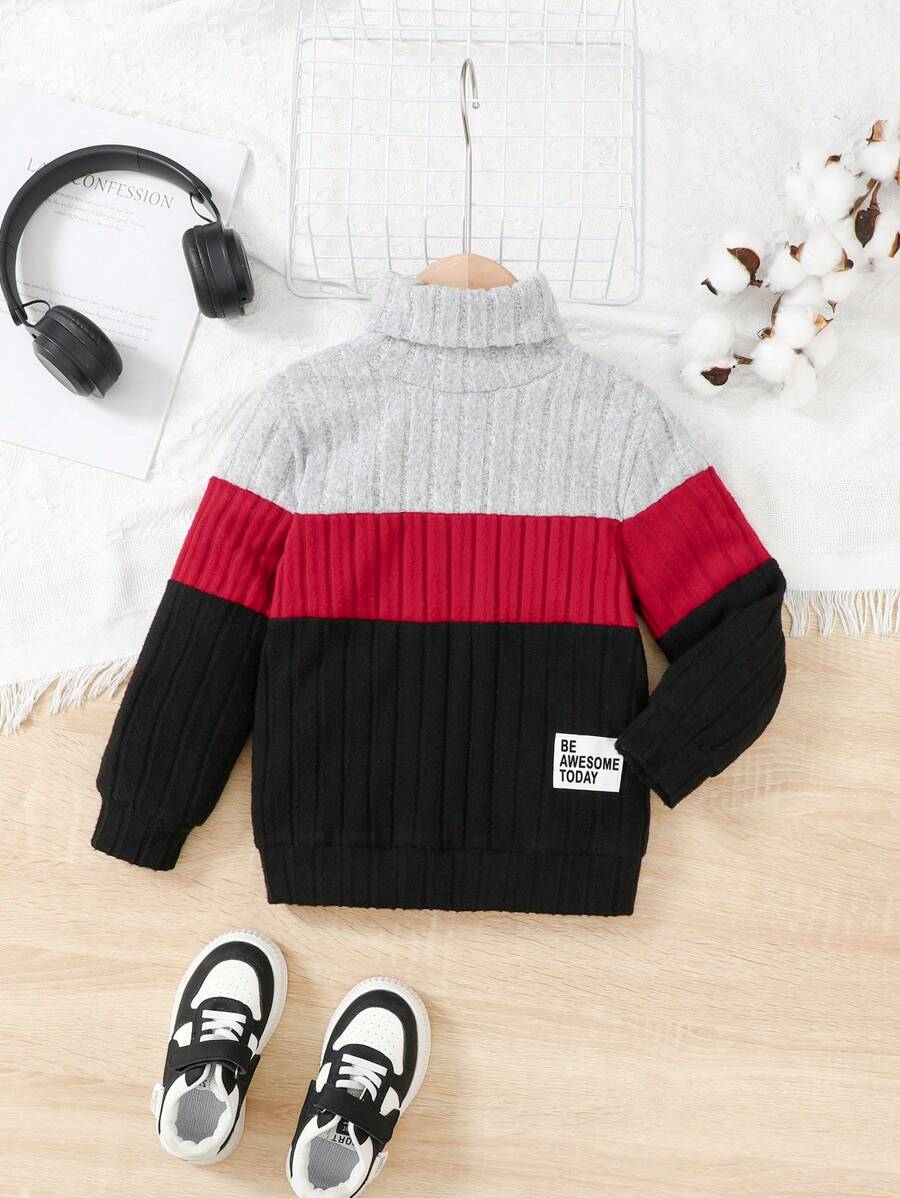 Young Boy Contrast Color Rib Knit High Collar Sweatshirt - Burgundy - View 1