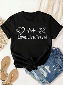 Casual Women's Black Round Neck Short Sleeve T-Shirt With Love Live Travel Graphic Print - màu đen - Xem 1