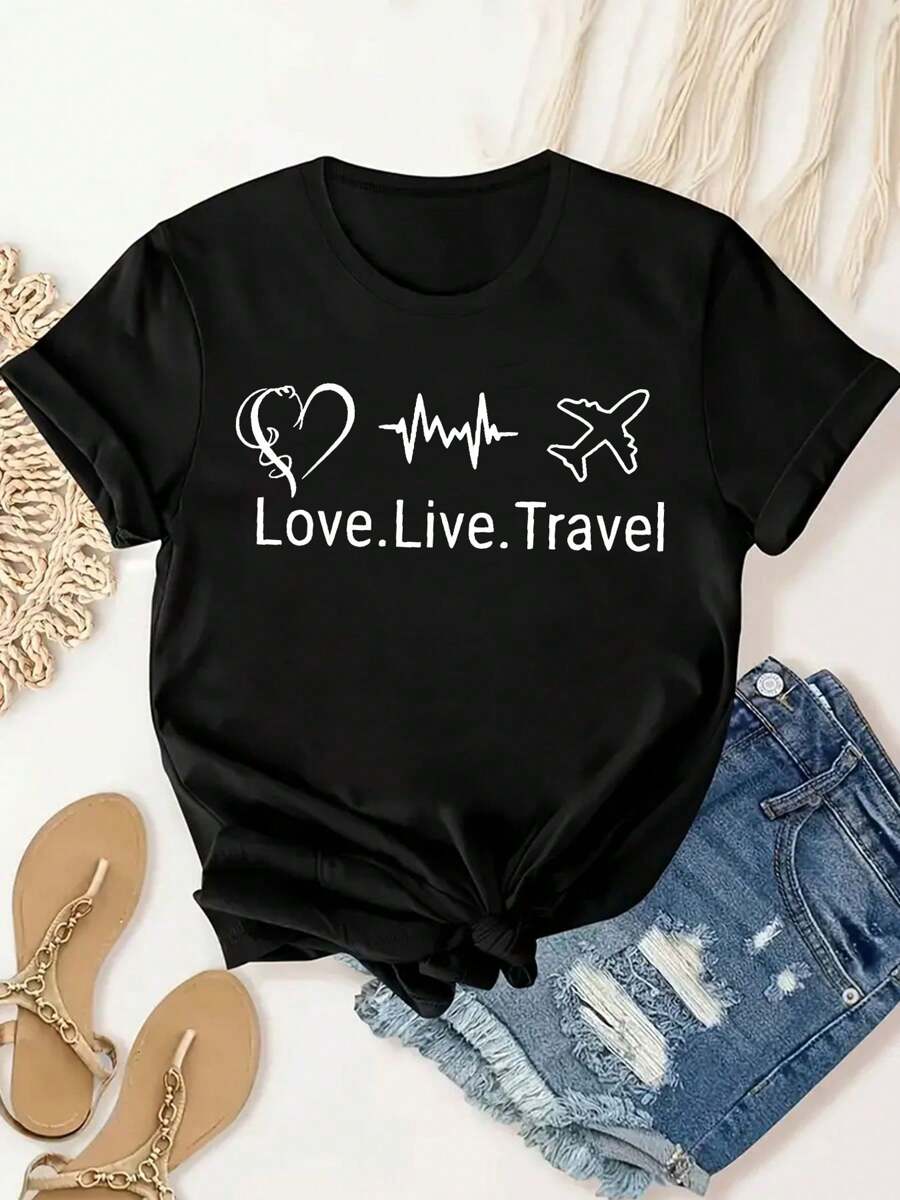 Casual Women's Black Round Neck Short Sleeve T-Shirt With Love Live Travel Graphic Print - màu đen - Xem 1
