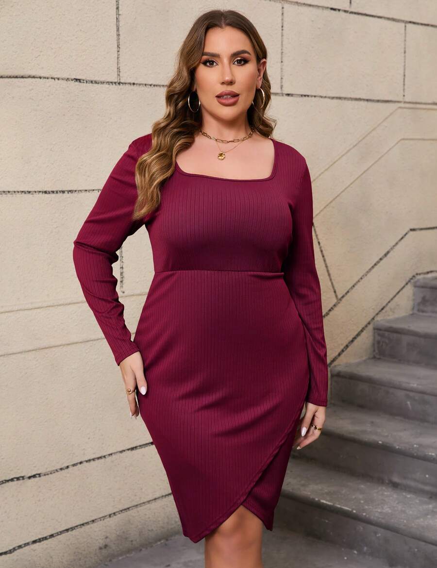 GoyRrbay Women's Plus Size Cocktail Dress Comfortable Long Sleeve Wedding Guest Square Neck Semi Formal Dress - Màu Đỏ Sâu - Xem 1