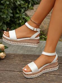 Women's Rivet Decorated Ankle Strap One-Buckle Sandals, Elegant Resort Style Wedge Platform Thick-Soled High Heel White Wedge Pumps