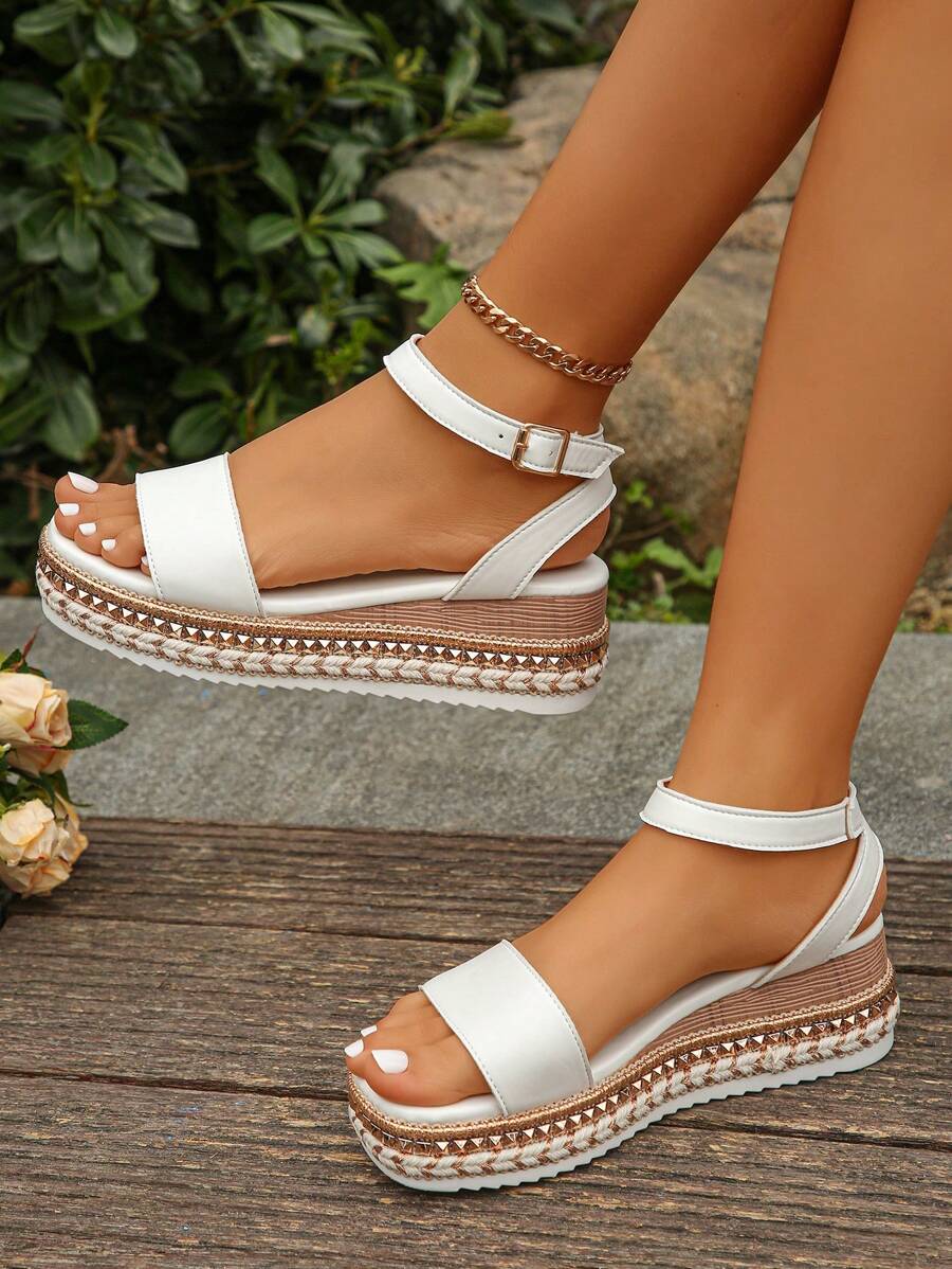 Women's Rivet Decor Ankle Strap One-Buckle Sandals, Summer Elegant Resort Style Platform Wedge High Heel Shoes, White