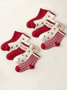 5 Pairs Of Children's Socks Autumn/Winter Red Mid-Tube Socks Winter Baby New Year Socks Cute Bear Sweet Lace Socks Fashion Cherry Pattern Design Suitable For Daily Or Festive Wear