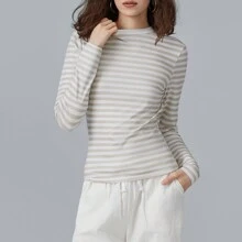 Camisetas de manga larga para mujer, camisas de rayas con cuello redondo, blusas informales ajustadas de primavera, ropa de calle