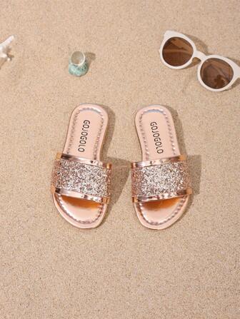Korean Style Casual Flat Sandals, Summer And Spring Girls' Open Toed One-Piece Slippers, 2025new Children's Diamond Princess Shoes, Very Suitable For Going Out To The Beach And The Seaside, Vacation Sandals, Comfortable And Fashionable Flat Shoes, Cute Flat Sandals