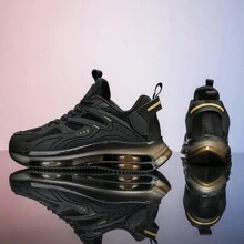 男士万圣节新款气垫鞋底公路跑鞋，时尚系带透气减震舒适户外休闲运动鞋 - 黑色 - 查看 2