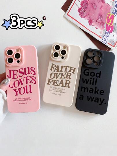 3pcs Christian Style Black/Beige/Pink Phone Cases, Compatible With IPhone & Galaxy, Phone Case, Case Compatible With IPhone 17 Pro Max, Covers, Cute Phone Case, Compatible With IPhone 13/15/16 Pro Max/16 Cases, Featuring Christian Faith And Doctrine Slogans, Especially Suitable For Christian Believers, Can Be Used As Gifts Or For Personal Use