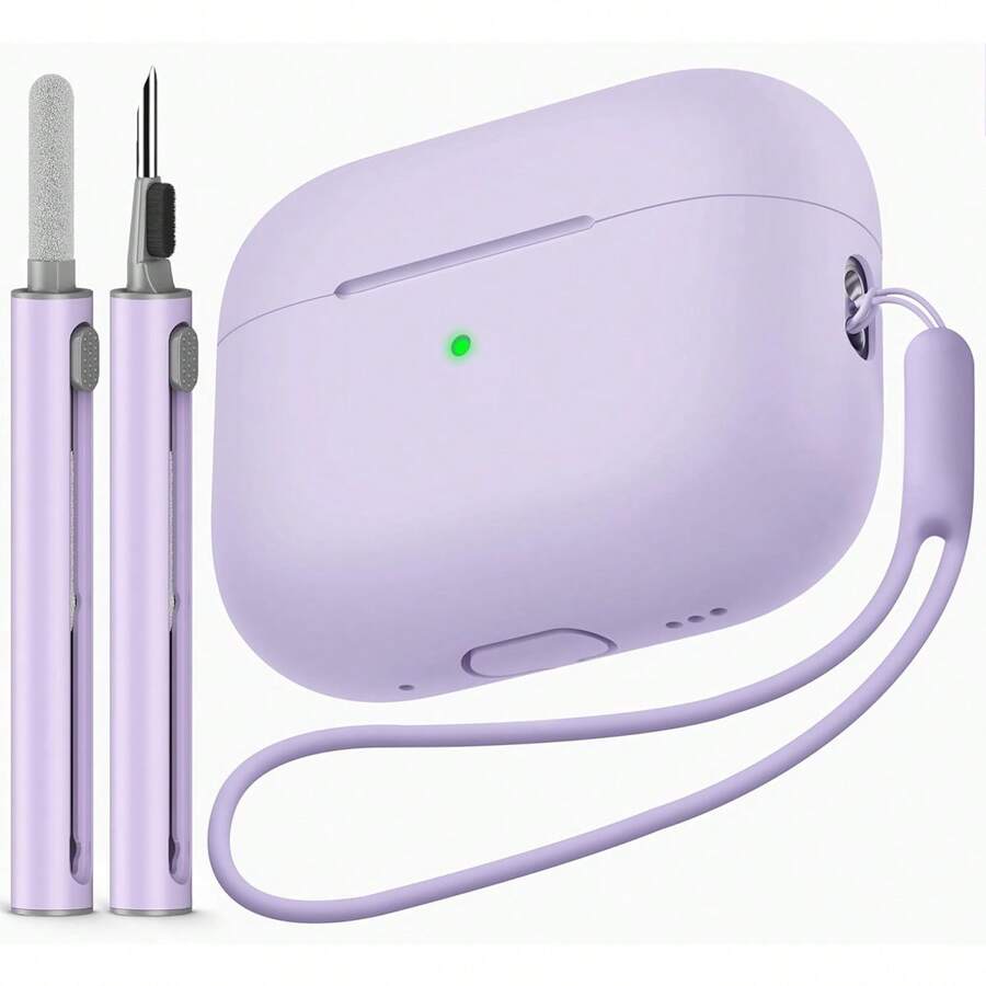 1pc Set Compatible With AirPods Pro 2 Solid Color Silicone Thick Anti-Drop One-Piece Earphone Case Soft Shell With Anti-Lost Lanyard And Cleaning Pen - Purple - View 1