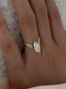 2pcs/Set Luxury S925 Silver Zirconia V-Shaped & Olive-Shaped Stackable Rings, Women Fashion Party, Wedding, Holiday, Daily Wear Gift