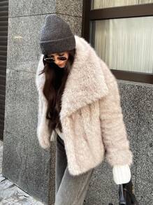 HH Faux Fur Jacket For Women Elegant Solid Lapel Long Sleeve Coat Casual Loose Female Winter Oversize Lady Chic Streetwear Jakcets - trắng - Xem 3