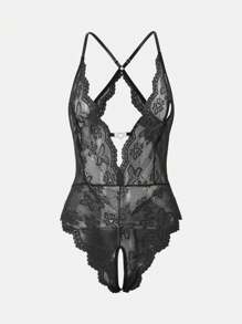 Women's Deep V-Neck Hollow Heart Floral Crotchless Lingerie Set - màu đen - Xem 7