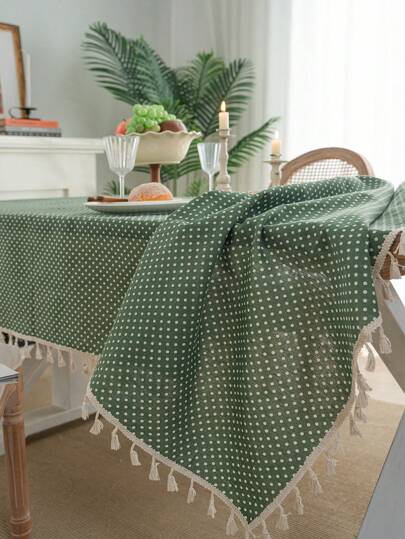 Bubaba 1pc Green Polka Dot Printed Kitchen Placemat, American Boho Farmhouse Style Linen Dining Tablecloth With Tassel, Suitable For Dining Room, Kitchen, Dining Table, Parties, Festivals, Hotels, Cafes, Bedrooms, All Season
