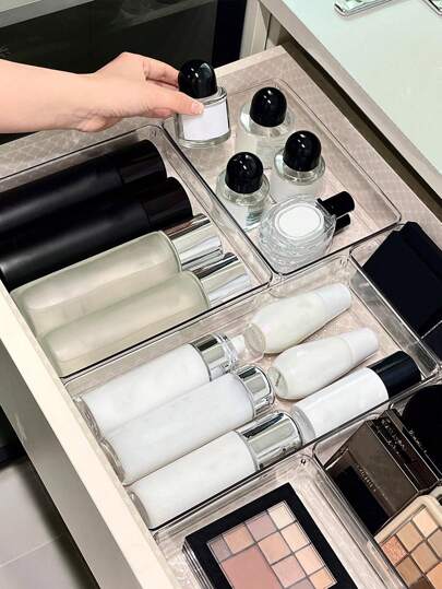 1/2/5/7/11/18/25/37pcs Transparent Plastic Desktop Drawer Partition Storage Tray, Drawer Finishing Set, Cosmetic Storage Box, Suitable For Storing Cosmetics And Jewelry, Can Be Used In Bathrooms And Placing Small Items, And Can Also Be Used In Bedrooms And Offices
