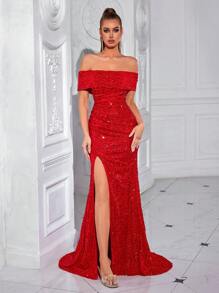 ADYCE Vestido de fiesta con hombros descubiertos, frente fruncido y abertura lateral con lentejuelas para mujer - Rojo - Ver 1