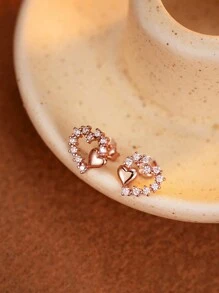 GAGAFEEL 一对925纯银复古简约可爱小巧精致镂空心形锆石玫瑰金耳钉，适合送给女朋友、爱人，时尚奢华，日常佩戴，生日礼物 - 玫瑰金 - 查看 4