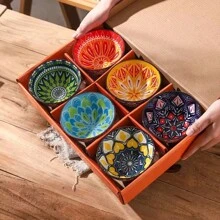 6件-4.75英寸波西米亚陶瓷碗，釉下彩饭碗，全新陶瓷餐具，加厚家用，可礼盒包装，适用于饭碗、沙拉碗、意大利面碗、甜点碗，送朋友的礼物，节日礼物，乔迁礼物，陶瓷餐具，适用于烤箱、微波炉和洗碗机 - 彩色 - 查看 2