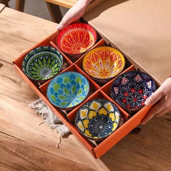 6 stuks - 4,75 inch Boheemse keramische kommen, rijstkommen in onderglazuurkleur, nieuw keramisch serviesgoed, verdikt huishoudelijk serviesgoed, kan worden verpakt in een geschenkdoos, geschikt voor rijstkommen, saladekommen, pastakommen, dessertkommen, cadeaus voor vrienden, vakantiecadeaus, housewarmingcadeaus, keramisch serviesgoed, geschikt voor de oven, magnetron en vaatwasser
