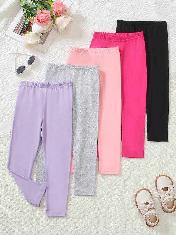 5pcs/Set Young Girl Solid Color Leggings, Casual Versatile Pants For Toddlers
