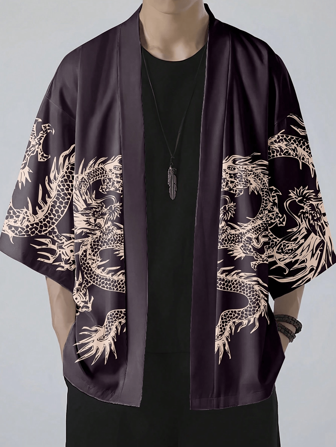 Men Japanese Style Dragon Print Kimono Thin Outerwear, Unisex Cool Robe Fashion Cosplay Cape Shirt Blouse For Summer