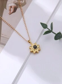 Customized Necklace, Simple & Fashionable Sunflower Pendant Necklace, "I Love You" In 100 Languages Projection Necklace, Custom Engraved Movie-Themed Black & White Photo, Family, Couple, Pet Motto, Suitable For Girlfriend, Mom, Best Friend, Daily Wear - Gold - View 2