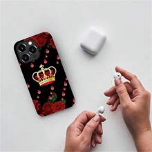 Compatible With IPhone 13-16 Pro Max Case, Crown Ruby And Rose Pattern Print Phone Case Funny Liquid Silicone Case Impact Resistant Anti-Scratch Shockproof Protective Cover Gifts For Family, Friends, Kids, Birthday,Spring, Holiday, Boyfriends, Girlfriends, Valentine's Day