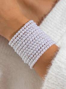 1 件时尚优雅合成树脂多层法式复古仿珍珠巴洛克风格串珠手链，用途广泛，适合派对礼物（手工制作，长度可调，珍珠数量多样） - 彩色 - 查看 7